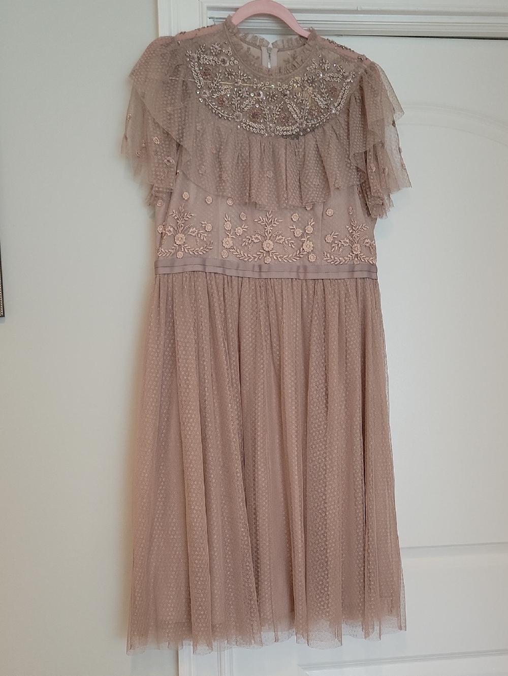 Needle & Thread Blush Midi Tulle Dress with Embroidered Yoke
